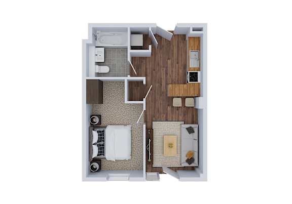 Floor Plan  A top down view of a room with a bed, a couch, a table, and a kitchen area.
